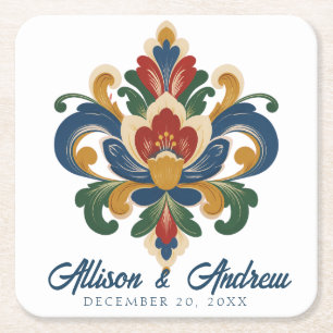 Posavasos Cuadrado De Papel Boda de Rosemaling noruego