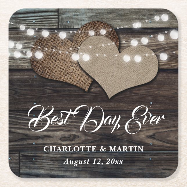 Posavasos Cuadrado De Papel Boda de Rustic Wood Burlap String Lights (Anverso)