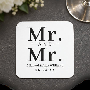 Posavasos Cuadrado De Papel Boda de Sr y Sr Negro y Blanco