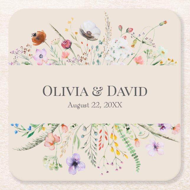 Posavasos Cuadrado De Papel Boda de Taupe Wildflower Meadow (Anverso)