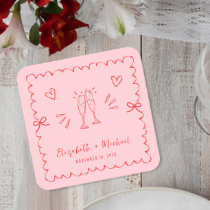 Posavasos Cuadrado De Papel Boda de tramas rojas y onduladas de moda