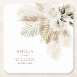 Posavasos Cuadrado De Papel boda de vegetación bohemia pampas<br><div class="desc">pampas bohemias modernas y tostadora de papel verde. Los detalles del texto y los colores se pueden editar.</div>
