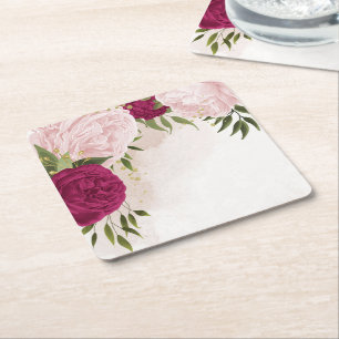 Posavasos Cuadrado De Papel boda de vegetación de flores magenta y rosa