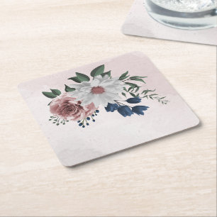 Posavasos Cuadrado De Papel boda de vegetación floral azul rosa