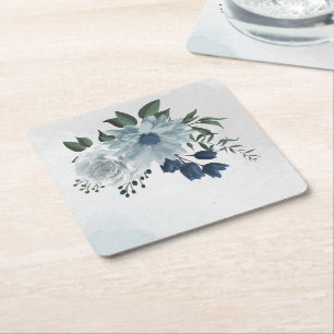 Posavasos Cuadrado De Papel boda de vegetación floral blanca y azul