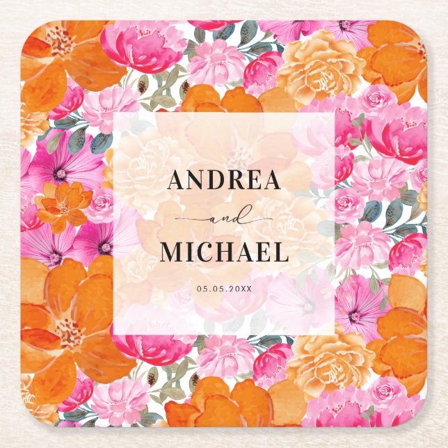 Posavasos Cuadrado De Papel Boda de verano floral rosa y Naranja claro (Anverso)