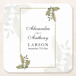 Posavasos Cuadrado De Papel Boda de Verde Minimalista Elegante