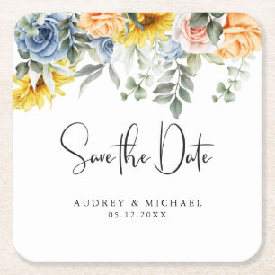 Posavasos Cuadrado De Papel Boda de verdor floral de verano rústico Save Date