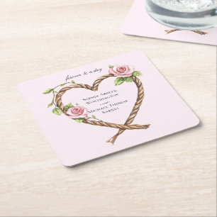 Posavasos Cuadrado De Papel Boda del corazón floral rosa rosa rosa