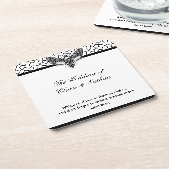 Posavasos Cuadrado De Papel Boda del cráneo de polilla gótica - Elegante oscur (En perspectiva)