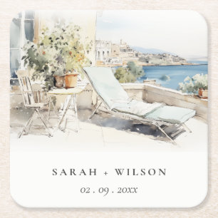 Posavasos Cuadrado De Papel Boda del paisaje acuático de Curfu Grecia