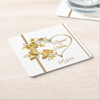 Posavasos Cuadrado De Papel Boda dorado personalizado