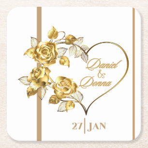 Posavasos Cuadrado De Papel Boda dorado personalizado