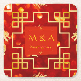 Posavasos Cuadrado De Papel Boda Dragón Rojo y Oro
