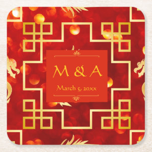 Posavasos Cuadrado De Papel Boda Dragón Rojo y Oro