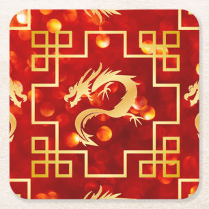 Posavasos Cuadrado De Papel Boda Dragón Rojo y Oro
