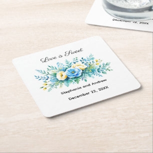 Posavasos Cuadrado De Papel Boda Dulce Amor Floral Amarillo Azul