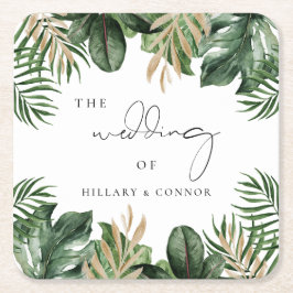 Posavasos Cuadrado De Papel Boda elegante de hojas tropicales