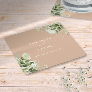 Posavasos Cuadrado De Papel Boda elegante floral verde claro y beige