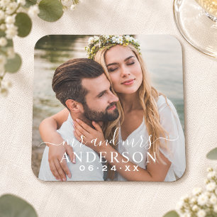 Posavasos Cuadrado De Papel Boda elegante foto de Sr y Sra
