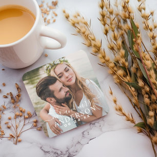 Posavasos Cuadrado De Papel Boda elegante foto de Sr y Sra