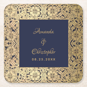 Posavasos Cuadrado De Papel Boda elegante oro azul marino rosas silvestres vin