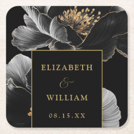 Posavasos Cuadrado De Papel Boda elegante y moderna con flores en negro y dora
