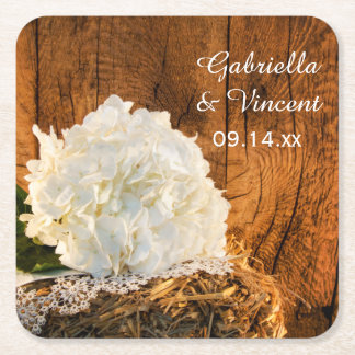 Posavasos Cuadrado De Papel Boda en el campo de la hidrangea blanca y la mader