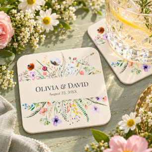 Posavasos Cuadrado De Papel Boda en pradera de flores silvestres taupe