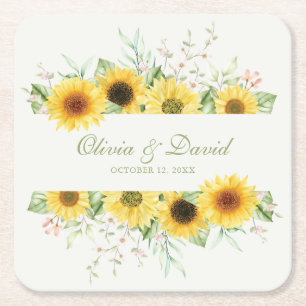 Posavasos Cuadrado De Papel Boda Encantadora con Girasoles Rústicos