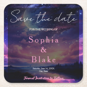 Posavasos Cuadrado De Papel Boda Estrellas Luna Llena Celestial Salvar la Fech