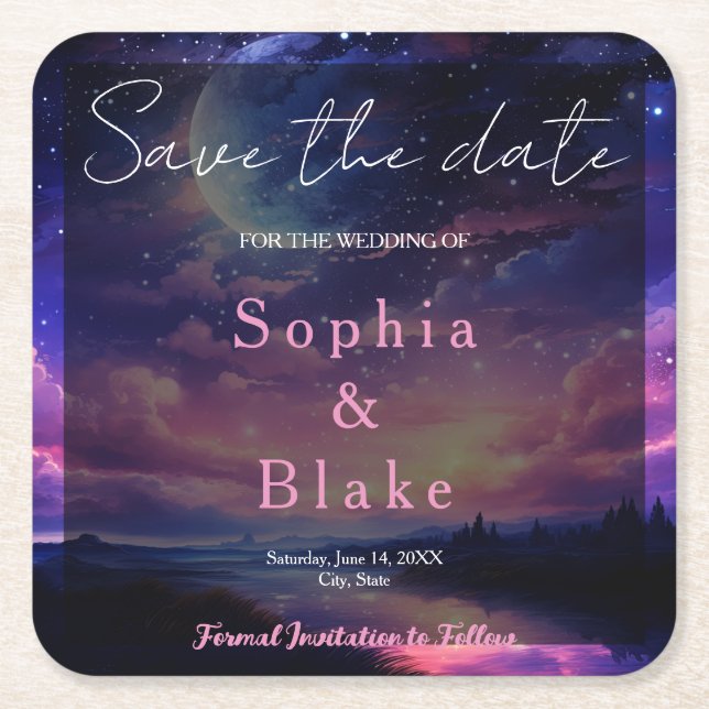 Posavasos Cuadrado De Papel Boda Estrellas Luna Llena Celestial Salvar la Fech (Anverso)