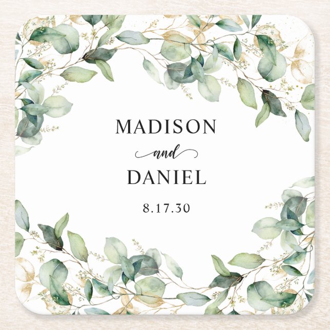 Posavasos Cuadrado De Papel Boda Eucalyptus Gold Watercolor (Anverso)