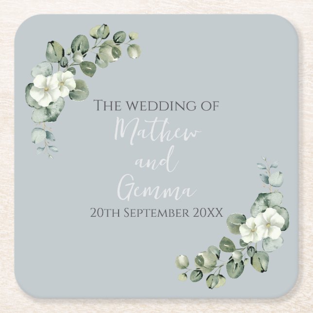 Posavasos Cuadrado De Papel Boda Eucalyptus Moderno (Anverso)