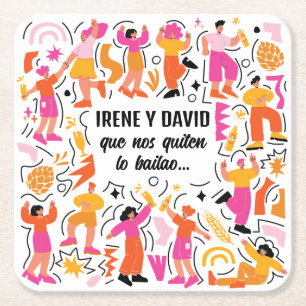 Posavasos Cuadrado De Papel Boda Festivalera - Baile Disco - Naranja y Rosa