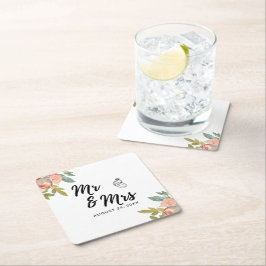 Posavasos Cuadrado De Papel Boda floral acuarela de verano