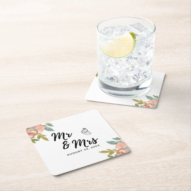 Posavasos Cuadrado De Papel Boda floral acuarela de verano (In situ)