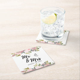 Posavasos Cuadrado De Papel Boda floral acuarela de verano