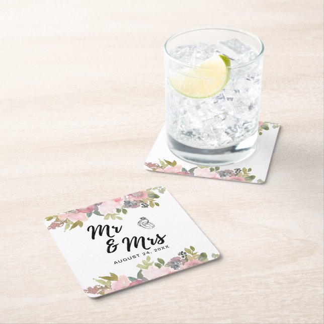 Posavasos Cuadrado De Papel Boda floral acuarela de verano (In situ)
