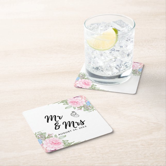 Posavasos Cuadrado De Papel Boda floral acuarela de verano (In situ)