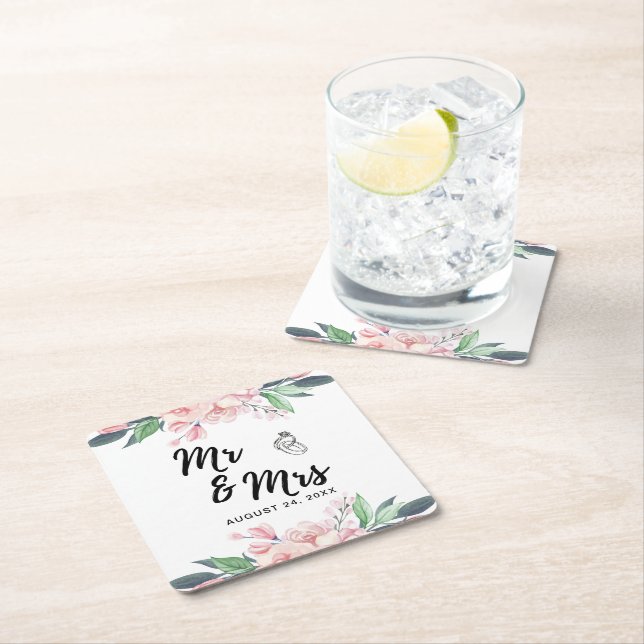 Posavasos Cuadrado De Papel Boda floral acuarela de verano (In situ)