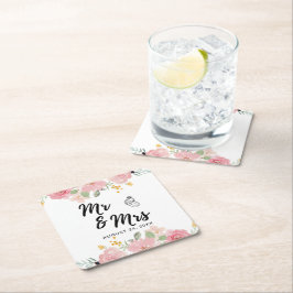 Posavasos Cuadrado De Papel Boda floral acuarela de verano