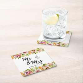 Posavasos Cuadrado De Papel Boda floral acuarela de verano