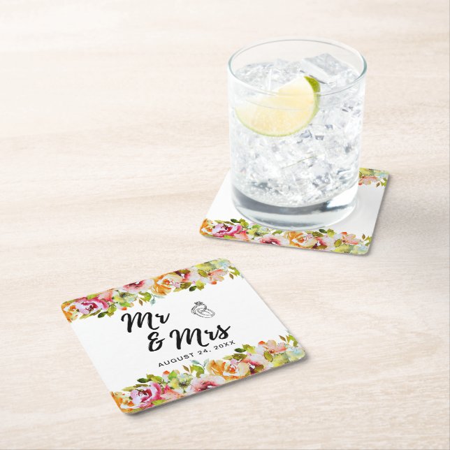 Posavasos Cuadrado De Papel Boda floral acuarela de verano (In situ)