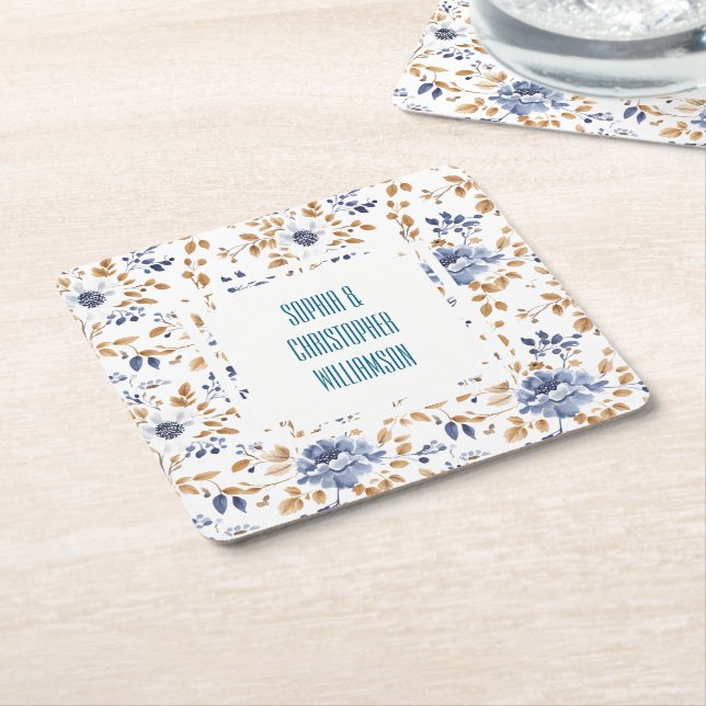 Posavasos Cuadrado De Papel Boda floral azul blanco (En perspectiva)