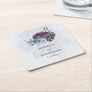 Posavasos Cuadrado De Papel Boda floral azul polvoriento morado
