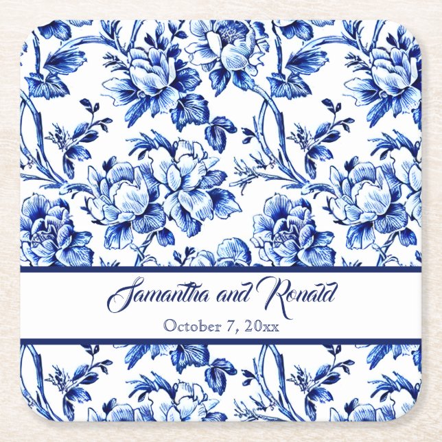 Posavasos Cuadrado De Papel Boda Floral Azul y Blanco (Anverso)