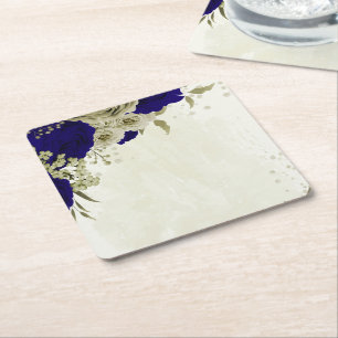 Posavasos Cuadrado De Papel Boda floral beige azul real