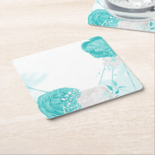 Posavasos Cuadrado De Papel boda floral blanca turquesa