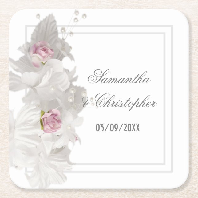 Posavasos Cuadrado De Papel Boda floral blanco (Anverso)